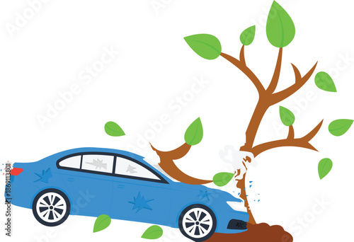 Car Accident Tree Collision with Damaged Vehicle Traffic Incident for Auto Insurance Claim Road Safety Concept Vehicle Wreck Emergency Scene