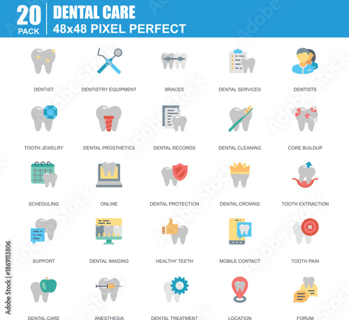  Dental care and dentistry icon pack with dentist braces cleaning crown extraction and tooth treatment icons