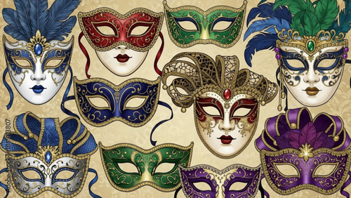 Vibrant venetian masks in assorted colors and designs on beige background for mardi gras or carnival celebrations and theatrical performances
