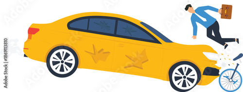 Car Accident Illustration Traffic Collision Scene with Damaged Yellow Car Hitting Bicycle Injured Businessman Personal Injury Concept Insurance Claim Emergency Situation Vehicle Damage