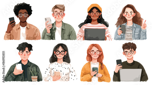 투명한 배경에 다양한 인종과 성별의 젊은 남녀들이 스마트폰, 노트북, 커피를 들고 소셜 미디어를 통해 소통하는 모습을 수채화로 섬세하게 표현한 현대적인 아바타 컬렉션입니다.