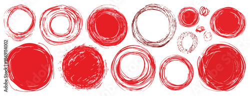 다양한 크기와 질감의 손으로 그린 붉은색 원과 고리들이 흰색 배경에 추상적이고 예술적인 느낌을 더하며, 투명한 효과와 함께 그래픽 디자인 요소를 제공합니다.