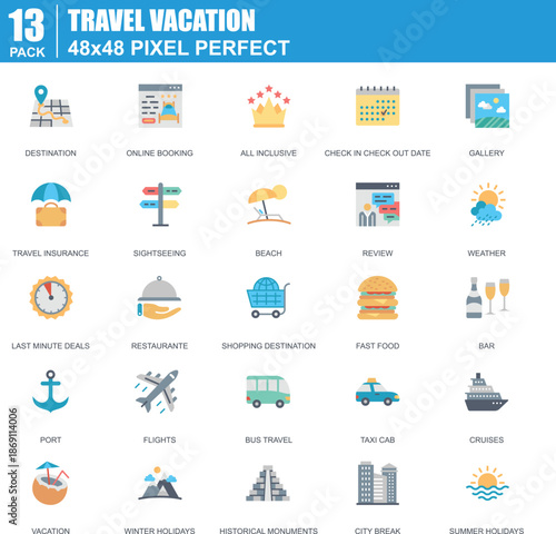 Travel and vacation icon pack with destination booking beach flight hotel cruise taxi bus restaurant and weather icons