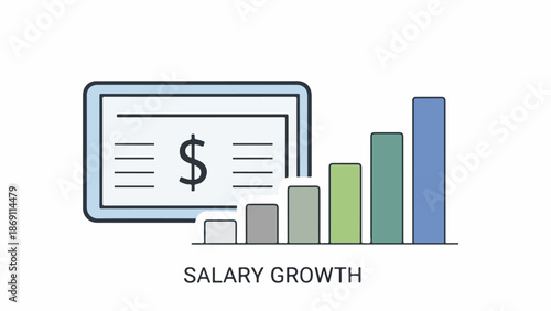 Infographic illustration of salary growth with a computer screen and bar graph on a white background.