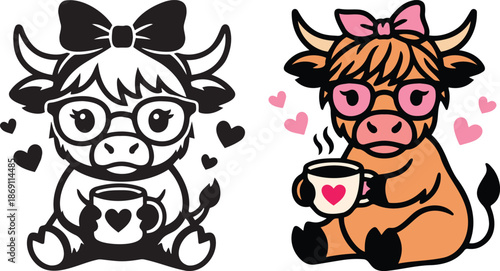 Highland cow adorable cartoon character with glasses holding heart mug