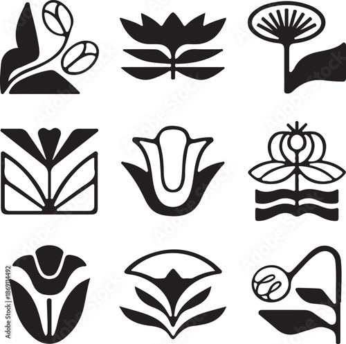 A collection of black floral nature icons and vector butterfly silhouettes in a decorative tattoo style art set for element design
