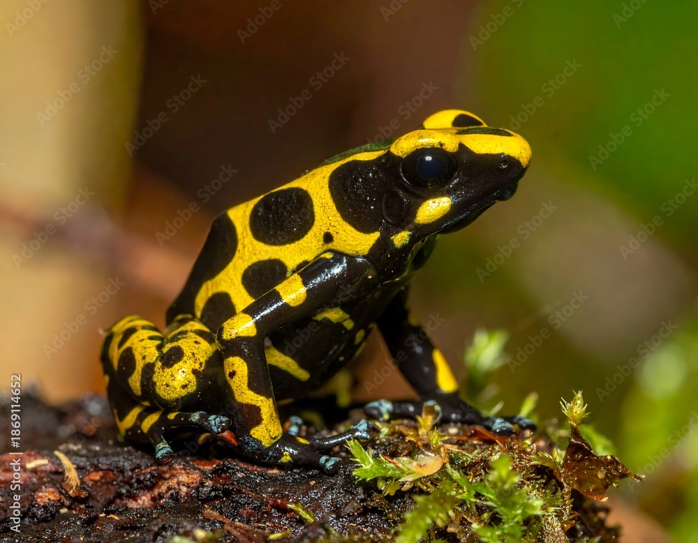 Fototapeta premium Close-up of a vibrant yellow and black spotted frog resting on moss