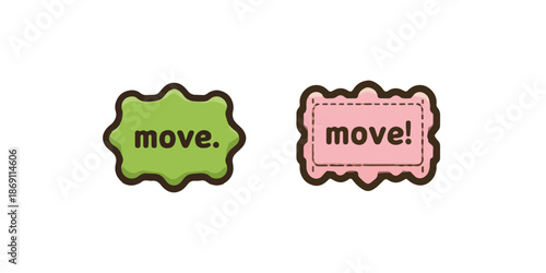 귀여운 만화 스타일의 초록색과 분홍색 'move' 문구가 새겨진 물결무늬 라벨 아이콘 세트, 웹사이트나 앱 디자인에 활용하기 좋은 투명한 배경의 벡터 그래픽 요소입니다.