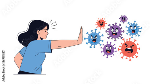 Woman making a stop gesture to ward off virus cells