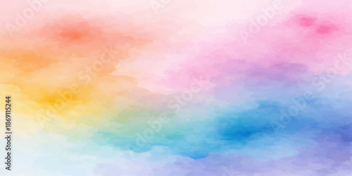 Abstract colorful watercolor background featuring a pastel sky with soft clouds and a rainbow texture of paint on grunge paper for an artistic nature wallpaper design