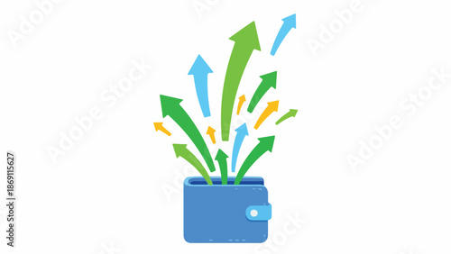 Flat lay illustration of a blue wallet with colorful arrows rising out against a clean white background.