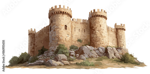 투명한 배경에 고대 성벽과 웅장한 탑들이 어우러진 중세 시대의 견고한 성채 일러스트레이션으로, 역사적 건축물의 아름다움을 담고 있습니다.