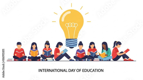 Diverse group of students sitting in a line reading books with a large lightbulb above them celebrating international day of education with learning