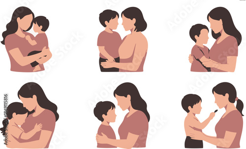 Six heartwarming flat illustrations capture moments of a mother’s affection and care for her young child