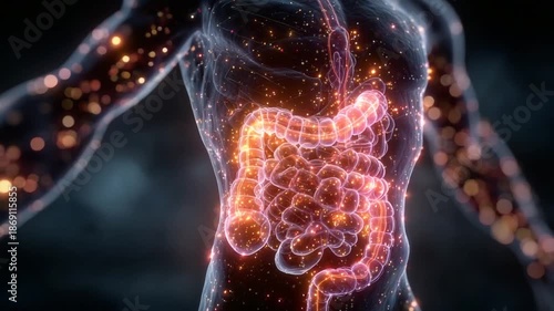 Detailed view of human digestive system illuminated