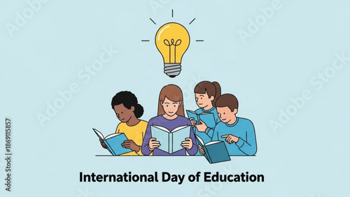 Diverse group of children reading books under a lightbulb on international day of education with learning and diversity and inclusion and school