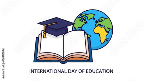 International day of education icon with graduation cap globe and open book symbolizing global learning and academic achievement with illustration
