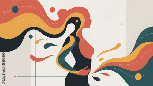 Stylized womans profile with flowing colorful hair and body elements representing vitality and movement