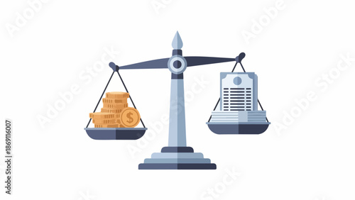 An illustration of a balance scale with coins on one side and a calendar on the other against a plain white background.