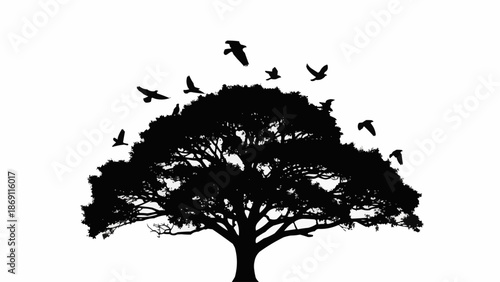 Silhouette of a large tree with birds flying out from its branches.