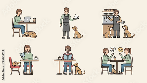 People and dogs enjoying time at a cafe together.