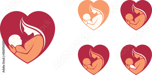 Stylized heart logos represent a loving mother embracing her infant child in various warm colors