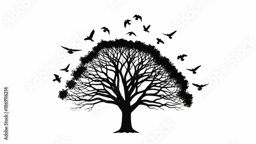 Silhouette of a large tree with birds flying around it.