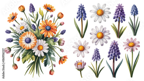 This cheerful watercolor collection features a vibrant mixed flower bouquet and various single blooms with green leaves