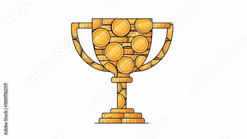 Illustration of a gold trophy cup with soccer balls on a white background, with a simple and iconic design.