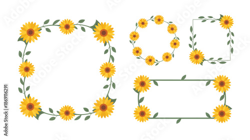 This set features four different sunflower wreath frames in round and rectangular shapes with green stems