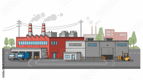 Industrial factory complex with trucks and forklift.