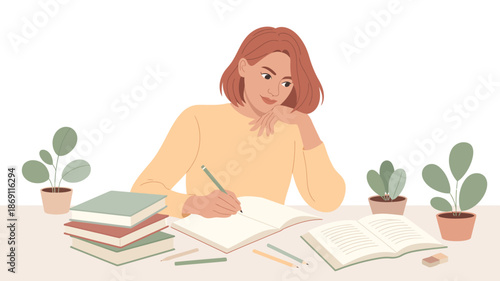 Thoughtful student woman writes diligently in her open notebook at a calm study desk with books