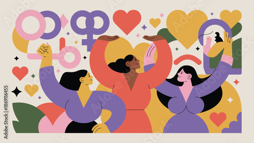 Three diverse women celebrating togetherness and strength with raised arms and empowering symbols