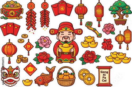 Cute Chinese God of Wealth Vector Sticker Set. Caishen holding gold ingot with treasure bowl and lucky items isolated