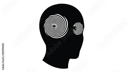 Black silhouette of a head with hypnotic spirals in place of eyes, symbolizing mind control or illusion.