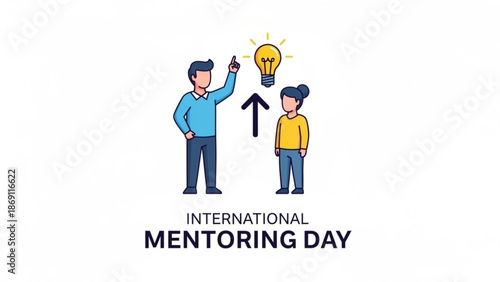 International mentoring day illustration with cartoon man and woman and lightbulb idea with mentee and business and guidance and support and motivation