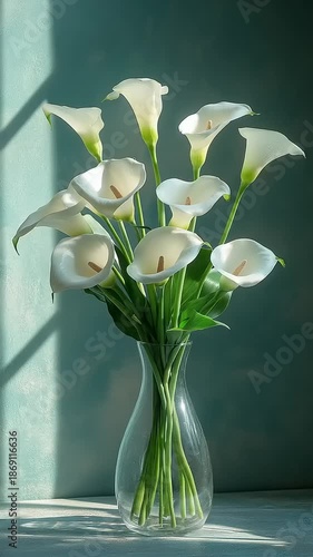 Elegant white calla lilies in a glass vase, softly lit