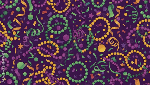 Vibrant mardi gras celebration background with colorful beads streamers and confetti on purple with party and festival and carnival and green