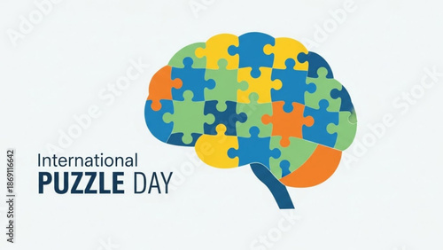 International puzzle day brain teaser puzzle pieces in colorful brain shape on white background with intelligence and logic and problem solving