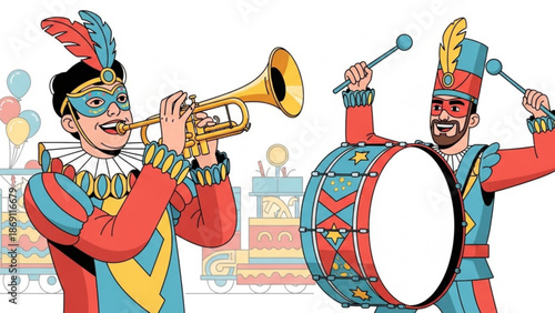 Vibrant cartoon musicians in colorful costumes playing trumpet and drum against white background with vibrant illustration and musical performance