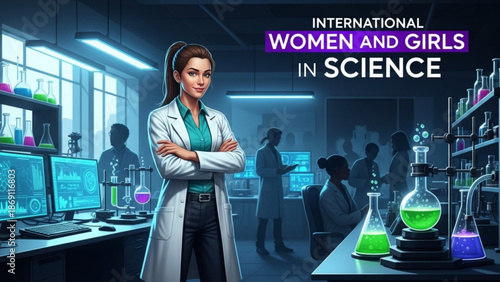 Confident woman in lab coat standing in modern laboratory with coworkers and various scientific equipment around her with science and scientist