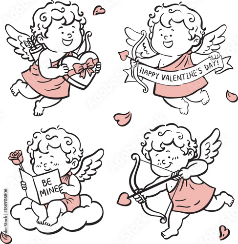 Set of Cute Cupid Characters for Valentine's Day Hand Drawn Vector Illustration