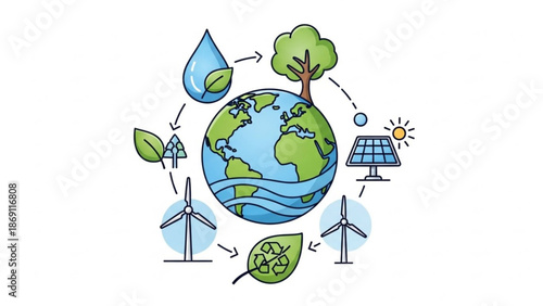 Earth surrounded by eco friendly renewable energy sources and green leaves on white background with sustainability and ecology and conservation