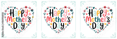 Three heart shaped floral wreaths proclaim Happy Mothers Day in a repeating pattern