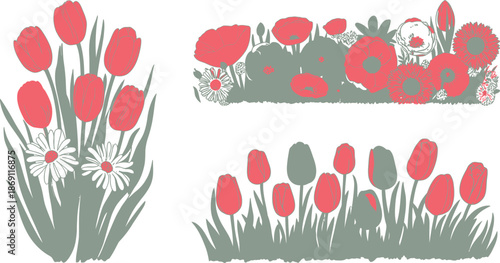 Three separate arrangements of stylized red tulips, poppies, and daisies with green stems and leaves