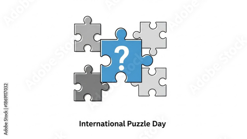 International puzzle day concept with blue puzzle piece and question mark with brain teaser and problem solving and logic game and thinking and confusion