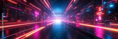 An abstract and futuristic tunnel illuminated with vibrant neon lights, symbolizing a journey through technology and innovation.
