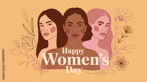 Three women of varied ethnicities gather with Happy Womens Day text on a warm orange background with floral outlines