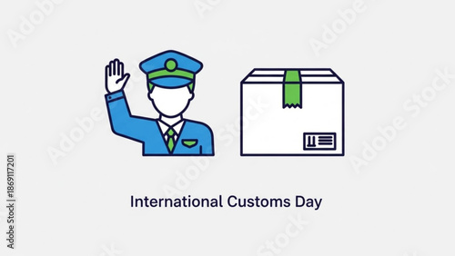 Customs officer waving next to a package on international customs day with shipping and logistics and transportation and global and trade and commerce