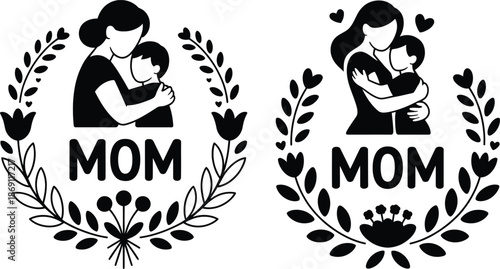 Two bold black and white circular silhouette wreaths honoring mothers with a loving mom and child embrace